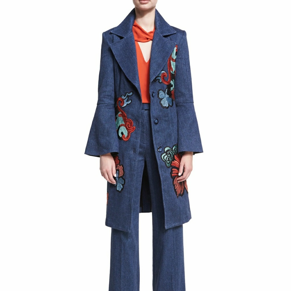 Josie Natori Embroidered Denim Trench Coat Sz 0
